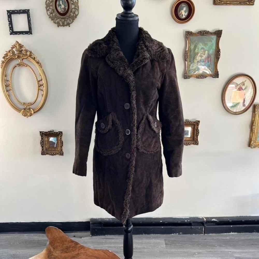 Steve‎ Madden Vintage Y2K Penny Lane Brown Genuine Leather Shearling Trim Coat S